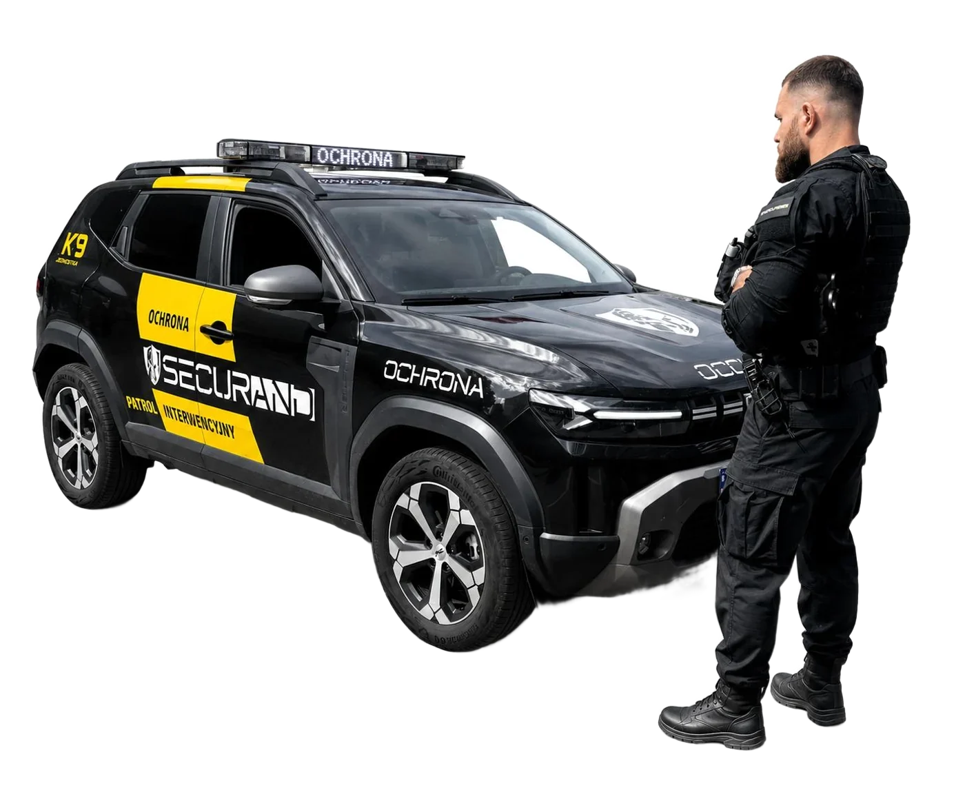 Radiowóz patrolu interwencyjnego Securand K9 i ochroniarz