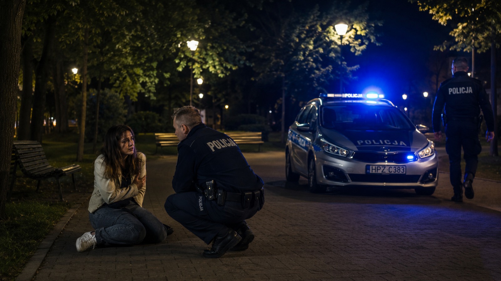 Patrol policji nocą przy osobie potrzebującej pomocy